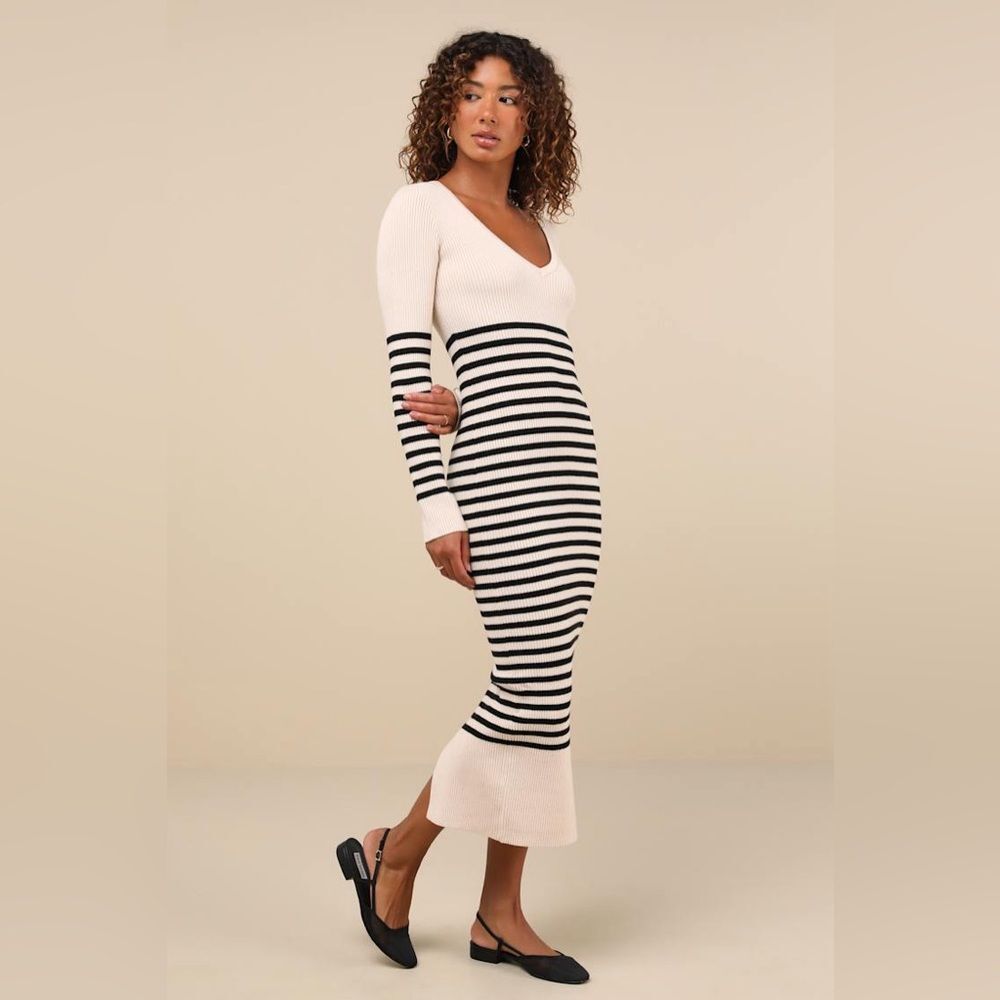Lulus Stripe Ribbed Sweater Midi Dress XS V Neck Bodycon Cream Black